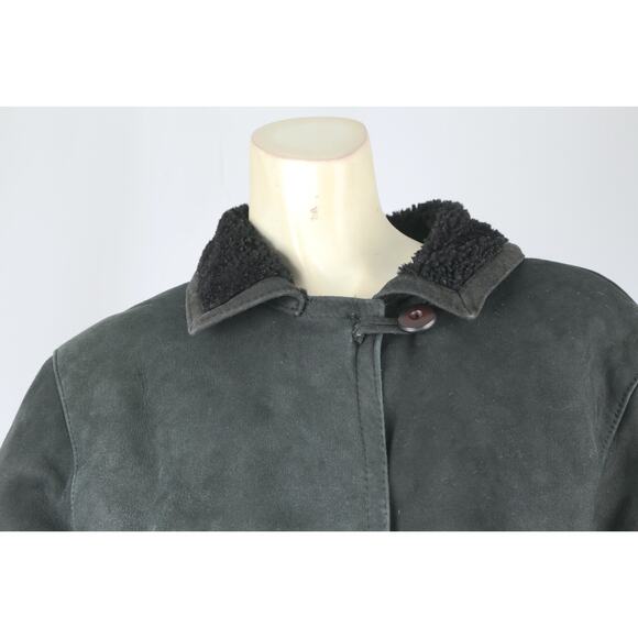 Vintage Dark Green Shearling Suede Coat Warm Winter Leather Trim Jacket Size M - Picture 8 of 16